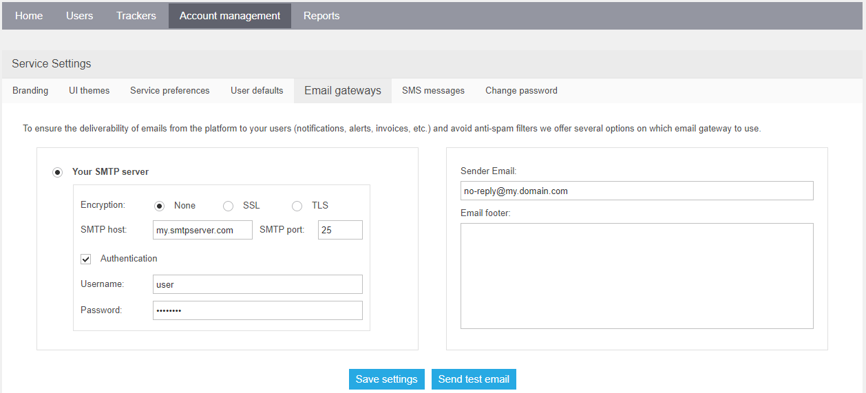 Email gateway settings On-Premise Navixy