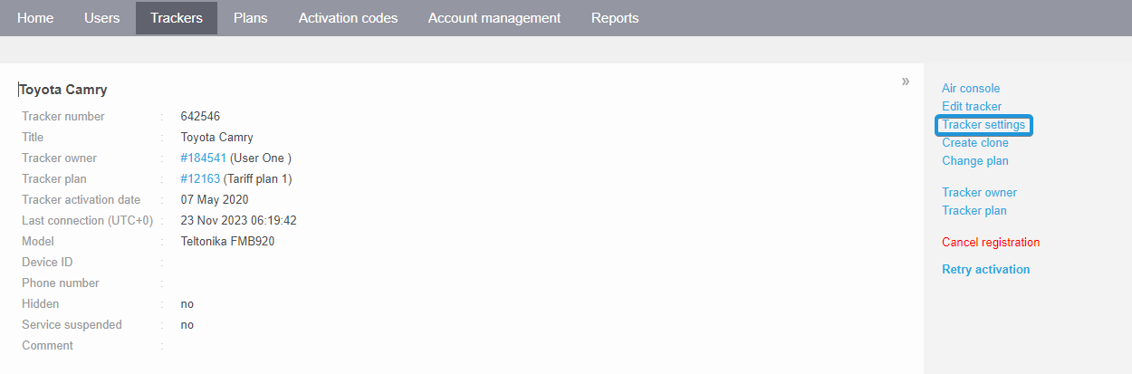 Tracker settings Admin Panel