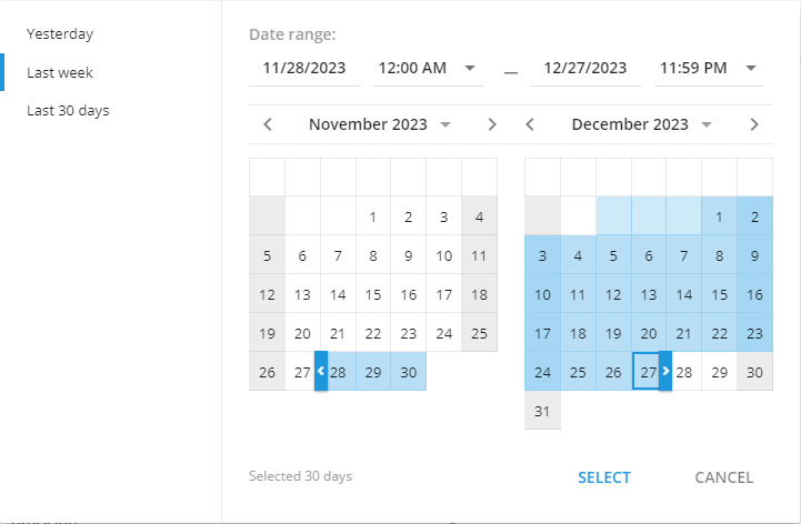 Raw data export Data range picker