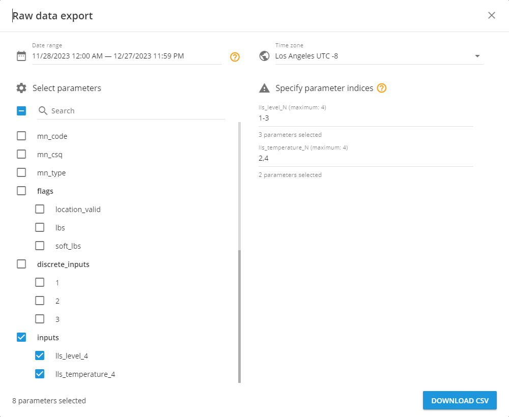 Raw data export Parameters select