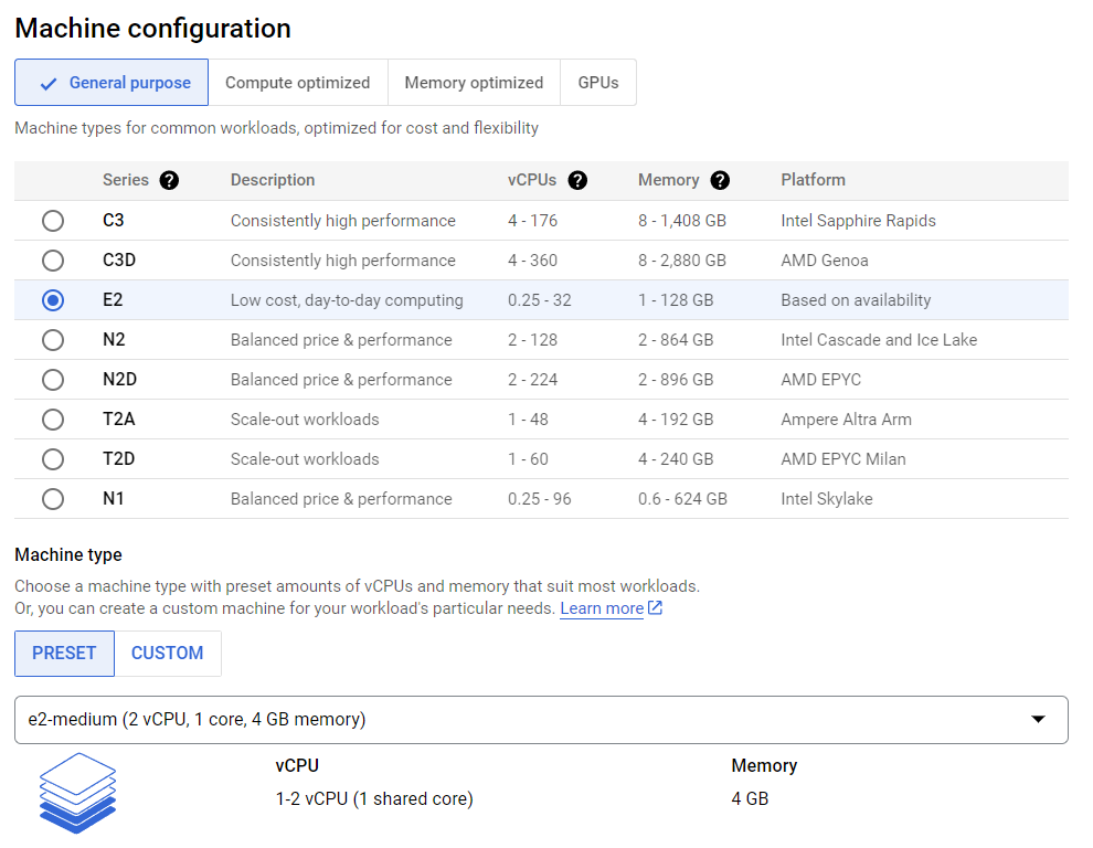 GCP instance configuration