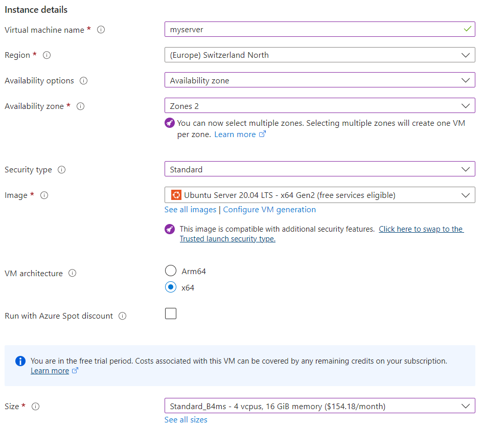 Azure instance details