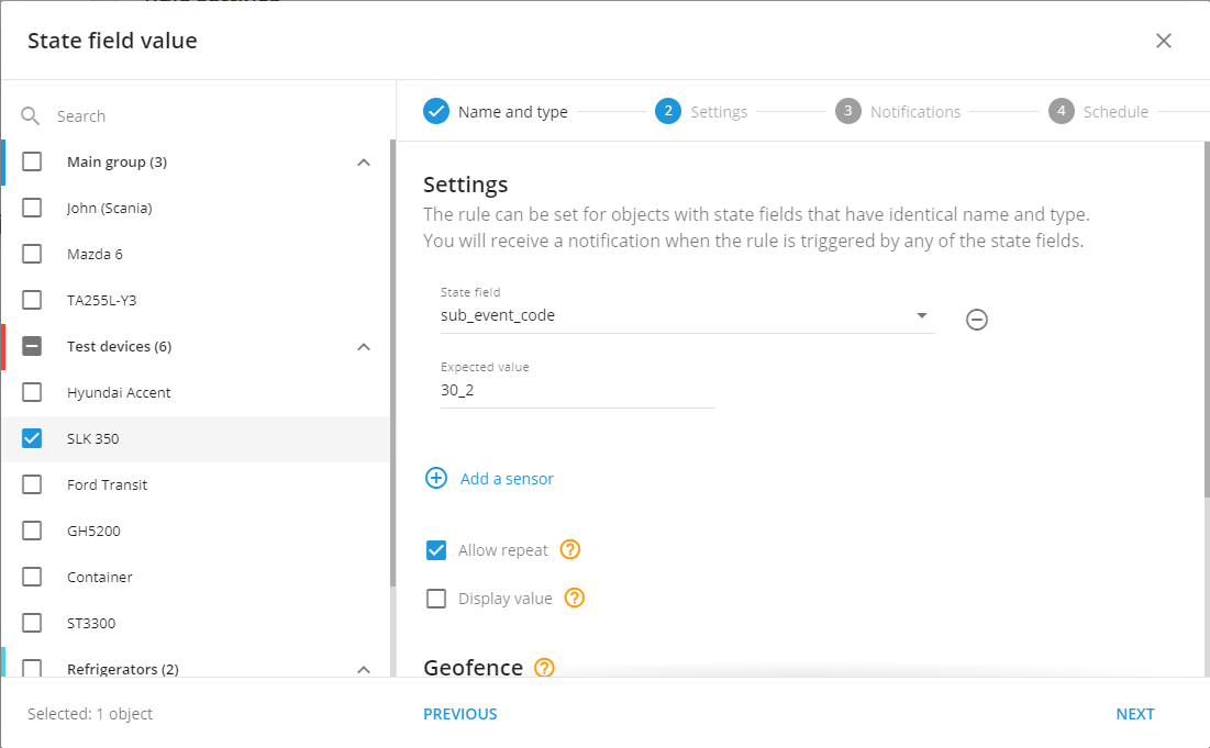 Live example - State field and expected value settings