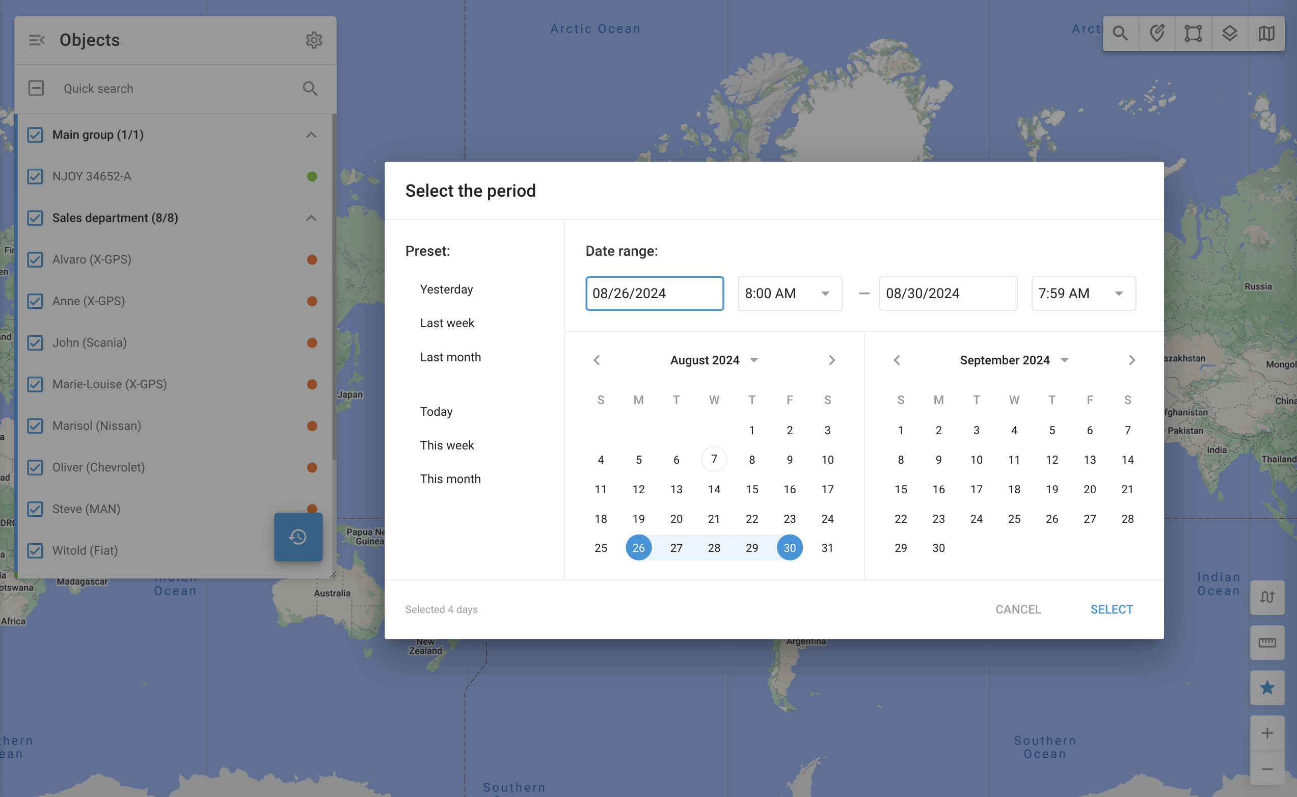 History date range selection