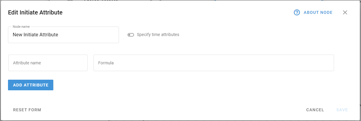 Initiate Attribute node configuration panel showing attribute creation interface