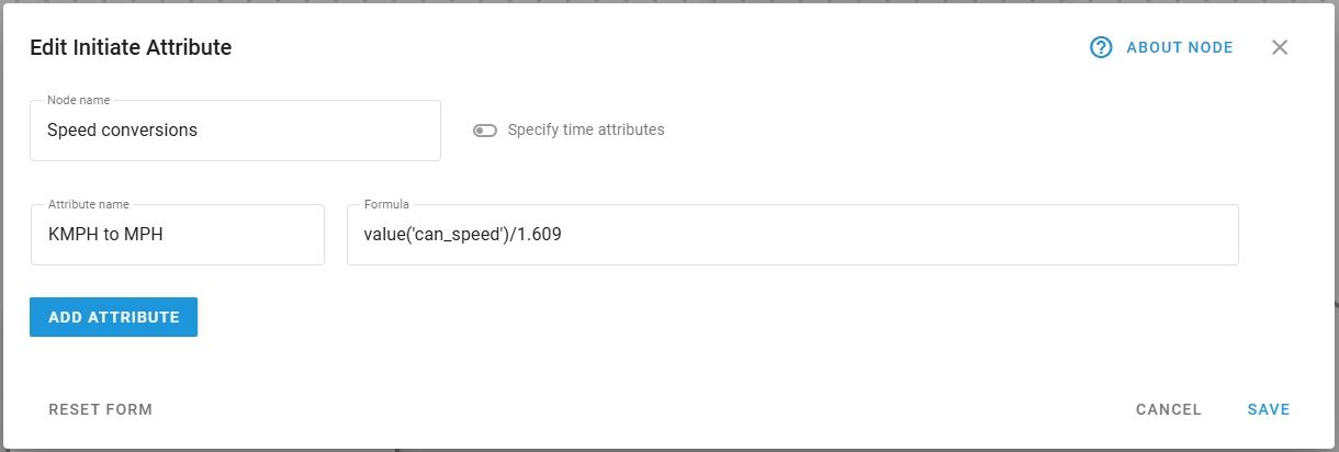 image-20250404-083703.pngIniatiate attribute node configuration window with node name Speed conversions, Attribute name KMPH to MPH and formula 