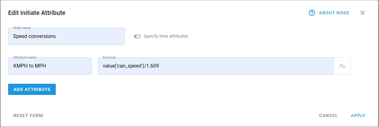 image-20250404-083703.pngIniatiate attribute node configuration window with node name Speed conversions, Attribute name KMPH to MPH and formula
