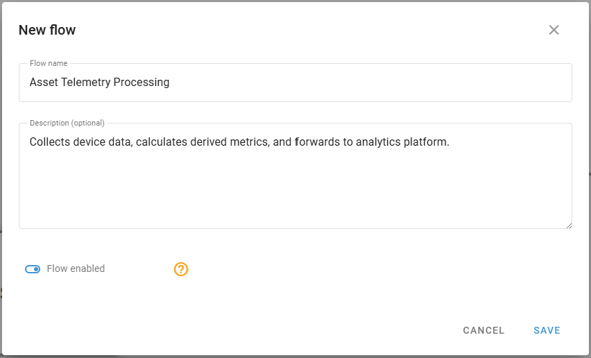 Create flow dialog with filled-in name and description, Flow enabled toggle on