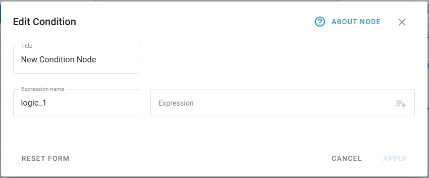 Logic node configuration panel showing title, expression name, and expression fields