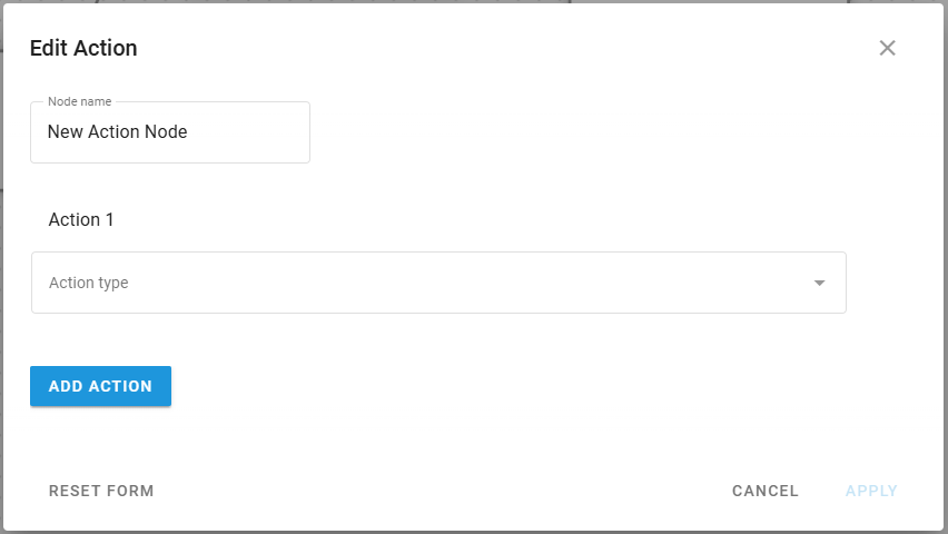 Action node configuration panel showing empty action setup