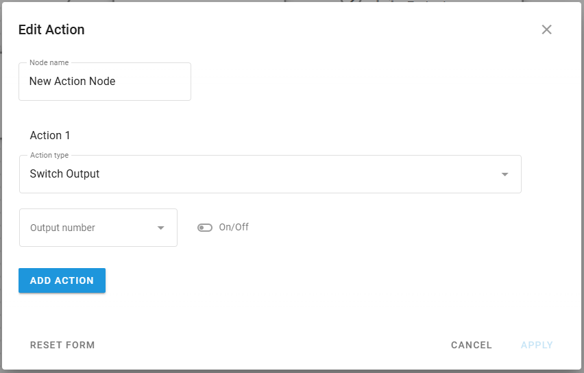 Action node configuration showing Switch Output action type with dropdown and toggle