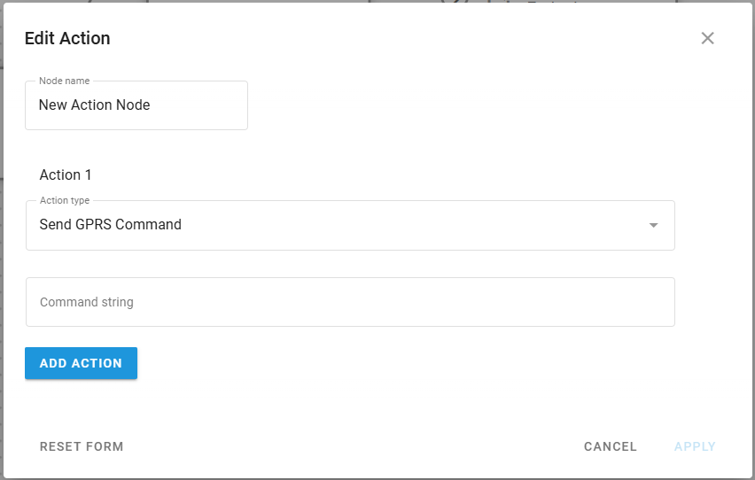 Action node configuration showing Send GPRS Command action type with text field